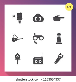 Modern, simple vector icon set on gradient background with male, work, mask, dish, game, scuba, house, internet, meat, chess, construction, piece, media, nest, lunch, restroom, web, equipment icons