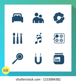 Modern, simple vector icon set on gradient background with human, utensil, person, body, muffin, kitchen, chocolate, silhouette, cake, gas, cook, man, jam, transportation, knife, musical, cookie icons