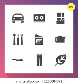 Modern, simple vector icon set on gradient background with kitchen, technology, espresso, leaf, drink, snack, sweet, cooking, knife, cafe, automobile, brown, nature, music, candy, vehicle, white icons