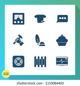 Modern, simple vector icon set on gradient background with fan, white, communication, chat, foreman, bubble, cake, t-shirt, radio, clothing, technology, clothes, wave, speech, protection, shirt icons
