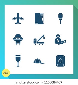 Modern, simple vector icon set on gradient background with headwear, space, hat, wine, candy, red, poker, document, lollipop, technology, city, spaceship, ufo, spacecraft, aircraft, accident icons
