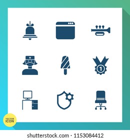 Modern, simple vector icon set on gradient background with website, sound, work, award, office, bell, snack, music, ring, musical, medicine, care, ice, chair, alert, hospital, fruit, network icons