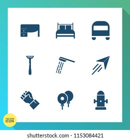 Modern, simple vector icon set on gradient background with water, bedding, road, celebration, pillow, computer, bathroom, space, flight, concept, travel, shower, bath, desk, bedroom, finger, bus icons