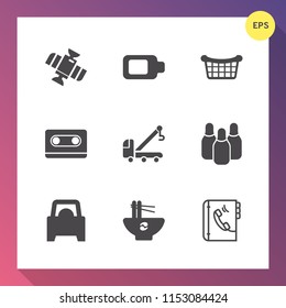 Modern, simple vector icon set on gradient background with sign, music, spaceship, market, technology, noodle, space, cone, store, full, retro, internet, audio, container, accident, book, basket icons