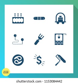 Modern, simple vector icon set on gradient background with roller, hotel, dinner, pastry, dessert, japanese, map, mon, emergency, restaurant, bakery, position, medical, care, bucket, fork, well icons