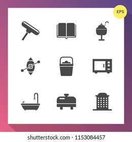 Modern, simple vector icon set on gradient background with city, food, equipment, page, literature, water, bathroom, travel, summer, home, brush, roller, handle, cream, kitchen, bucket, library icons