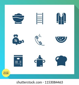 Modern, simple vector icon set on gradient background with fruit, candy, telephone, kitchen, striped, communication, lollipop, colorful, watermelon, call, outfit, food, menu, step, phone, mobile icons