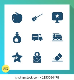 Modern, simple vector icon set on gradient background with white, food, health, sound, transportation, apple, healthy, education, web, erase, emergency, rubber, mediterranean, red, train, sign icons