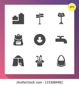 Modern, simple vector icon set on gradient background with tourism, arrow, user, adventure, orchestra, water, profile, teddy, concert, avatar, travel, education, school, business, ball, duck icons