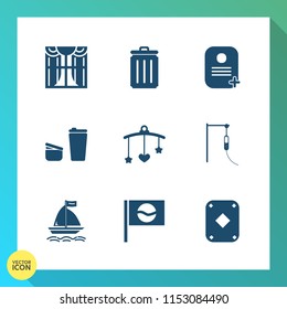 Modern, simple vector icon set on gradient background with game, can, room, bed, coffee, travel, board, bin, element, japan, sign, hot, toy, identity, medical, light, baby, cup, garbage, asia icons