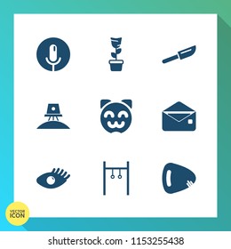 Modern, simple vector icon set on gradient background with cat, mail, home, record, envelope, kitty, plant, beauty, astronaut, face, communication, cutlery, music, pot, spaceship, guitar, nature icons