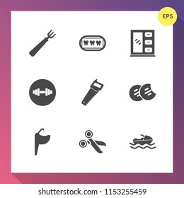 Modern, simple vector icon set on gradient background with home, interior, dinner, tool, tap, work, cut, knife, sink, dentist, gym, spoon, fitness, cookie, dentistry, restaurant, water, dessert icons