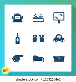 Modern, simple vector icon set on gradient background with sign, referee, sweet, science, cake, spaceman, suit, whistle, food, dessert, vehicle, banner, double, bed, couch, space, cosmonaut, car icons