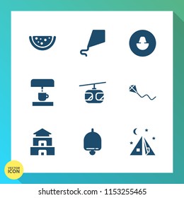 Modern, simple vector icon set on gradient background with camp, rail, childhood, business, sky, blue, vegetarian, food, train, pagoda, summer, machine, alarm, social, equipment, coffee, profile icons