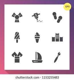 Modern, simple vector icon set on gradient background with summer, ice, frozen, power, dessert, slipper, brush, bed, boat, cold, ship, paint, work, cooler, machine, fashion, repair, wind, tool icons