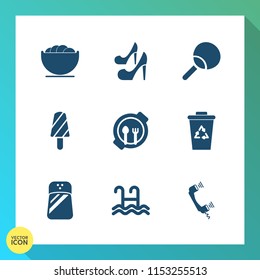 Modern, simple vector icon set on gradient background with tennis, kitchen, empty, woman, fruit, ice, heel, fashion, pepper, cooking, food, ball, water, spice, table, female, dessert, recycle icons