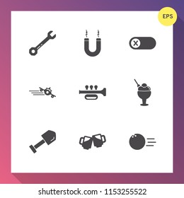 Modern, simple vector icon set on gradient background with equipment, sign, pub, flight, shovel, bowling, repair, magnetic, pin, construction, tool, fun, horseshoe, plane, sweet, energy, beer icons
