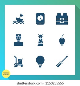 Modern, simple vector icon set on gradient background with send, cable, vest, equipment, nautical, sail, safety, jacket, parachute, construction, ocean, doctor, energy, sea, power, shipping, sky icons