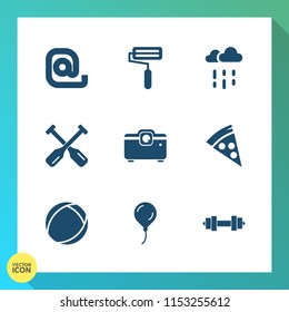 Modern, simple vector icon set on gradient background with decoration, canoe, boat, email, water, lunch, autumn, envelope, light, rowing, raindrop, equipment, sign, weather, video, day, film icons