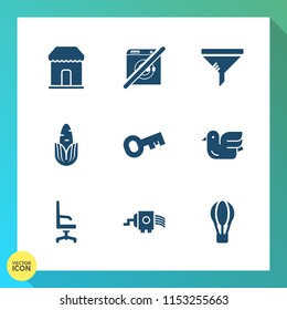 Modern, simple vector icon set on gradient background with balloon, kitchen, parachute, cheese, interior, filter, diet, shop, wash, fresh, chair, transport, corn, nature, retail, cooking, dont icons