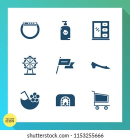 Modern, simple vector icon set on gradient background with joy, country, trolley, smart, beautiful, park, technology, glass, soap, child, device, cart, time, juice, eye, cocktail, happy, fashion icons