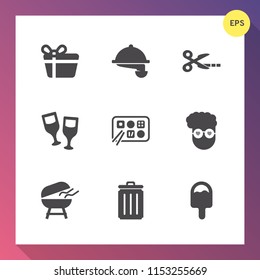Modern, simple vector icon set on gradient background with black, bin, cut, people, retro, food, restaurant, cooking, dinner, waiter, style, holiday, fashion, bow, alcohol, woman, red, meat, bbq icons