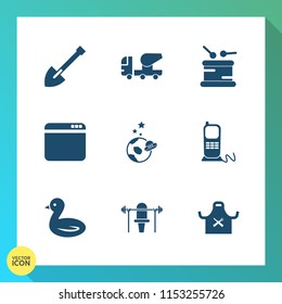 Modern, simple vector icon set on gradient background with sign, phone, instrument, bird, website, stationary, nature, construction, drum, concrete, sport, telephone, internet, astronaut, tool icons