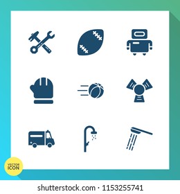 Modern, simple vector icon set on gradient background with gloves, futuristic, american, sport, robot, shower, soccer, medical, bath, spanner, screwdriver, science, football, hospital, season icons