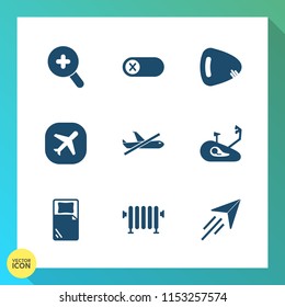 Modern, simple vector icon set on gradient background with mountain, heater, wheel, deactivate, web, home, view, switch, aircraft, search, sound, travel, no, off, bike, string, control, sign icons