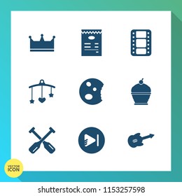 Modern, simple vector icon set on gradient background with guitar, music, food, canoe, film, doughnut, bed, cinema, muffin, cookie, entertainment, chocolate, king, dessert, mobile, sweet, sign icons