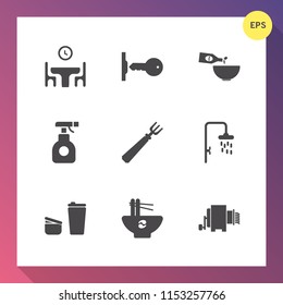 Modern, simple vector icon set on gradient background with security, care, chemical, sugar, spoon, toxic, cup, table, pasta, noodle, house, cafe, time, key, restaurant, home, food, equipment icons