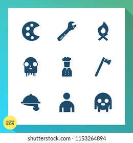 Modern, simple vector icon set on gradient background with construction, tool, male, fiction, warm, repair, campfire, hammer, fireplace, art, boy, fire, service, palette, evening, flame, brush icons