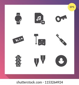 Modern, simple vector icon set on gradient background with gadget, travel, device, music, chair, sport, care, watch, file, profile, health, flight, time, brush, touch, table, computer, plane icons