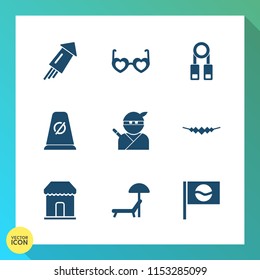 Modern, simple vector icon set on gradient background with training, chair, event, summer, japan, accessory, beach, background, glasses, traffic, umbrella, jewelry, asia, weapon, person, fire icons