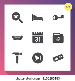 Modern, simple vector icon set on gradient background with time, ticket, timetable, woman, sausage, flight, casual, security, air, video, dinner, calendar, female, construction, room, furniture icons