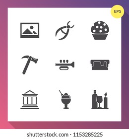 Modern, simple vector icon set on gradient background with finance, medicine, retro, food, wrench, cookie, bank, drill, art, picture, background, clinic, glass, medical, old, music, dessert, pie icons
