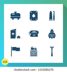 Modern, simple vector icon set on gradient background with health, telephone, paper, game, toothbrush, toothpaste, heater, care, brochure, phone, book, poker, fly, gambling, play, flag, food icons