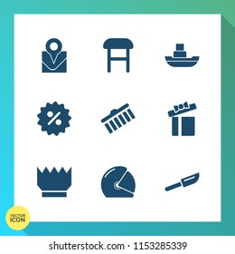 Modern, simple vector icon set on gradient background with chair, restaurant, royal, biker, percent, helmet, rider, fork, vessel, sign, box, luxury, brush, knife, price, comfortable, celebration icons