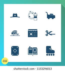 Modern, simple vector icon set on gradient background with library, trailer, literature, skate, skating, fun, caravan, book, west, cowboy, broom, gardening, journey, mop, sheriff, tool, garden icons