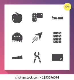 Modern, simple vector icon set on gradient background with fiction, plane, reparation, photography, monster, bar, flashlight, photographer, white, technology, equipment, blackboard, chalk, lamp icons