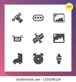 Modern, simple vector icon set on gradient background with food, foreman, mouth, care, dentist, photography, work, notification, photo, orbit, technology, construction, planet, tooth, white, ice icons