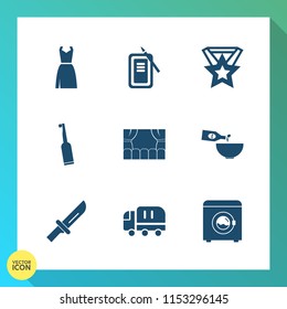 Modern, simple vector icon set on gradient background with female, electric, cutlery, ribbon, knife, brush, wine, draw, tooth, paintbrush, sign, tool, success, delivery, award, wash, machine icons