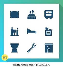 Modern, simple vector icon set on gradient background with business, spanner, feather, sleep, cake, bedroom, bed, music, tool, percussion, dessert, muffin, estate, oven, house, office, cooking icons