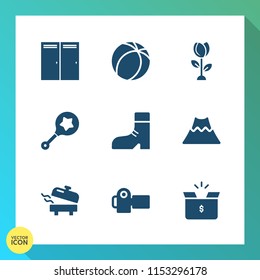 Modern, simple vector icon set on gradient background with child, fashion, sport, camera, house, mountain, box, infant, rattle, interior, ball, baby, open, footwear, container, foot, white, pack icons