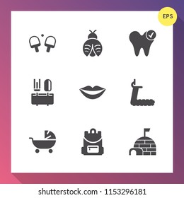 Modern, simple vector icon set on gradient background with ice, activity, dentist, bug, white, dragon, insect, health, lady, teeth, dinner, sport, restaurant, dental, house, competition, baby icons