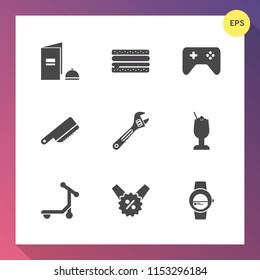 Modern, simple vector icon set on gradient background with glass, book, cocktail, page, sale, paper, table, hamburger, knife, percent, sign, cheeseburger, smart, joystick, food, spanner, tool icons