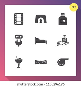 Modern, simple vector icon set on gradient background with video, mouthwash, plug, elegance, bedroom, whistle, glass, tie, cocktail, fireplace, interior, sack, film, equipment, referee, energy icons