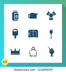 Modern, simple vector icon set on gradient background with equipment, water, sign, coffee, lift, party, cooler, beverage, bottle, cafe, caffeine, ice, building, crown, bag, , brown, up, bean icons