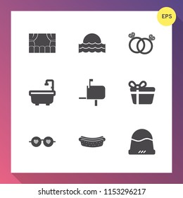 Modern, simple vector icon set on gradient background with engagement, sausage, light, cap, post, movie, mailbox, wedding, box, food, holiday, sunrise, hippie, dinner, film, diamond, nature, art icons