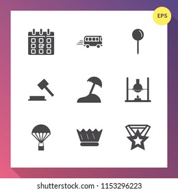 Modern, simple vector icon set on gradient background with event, justice, award, speed, time, island, judge, chemistry, medal, parachuting, royal, date, travel, law, extreme, schedule, urban icons